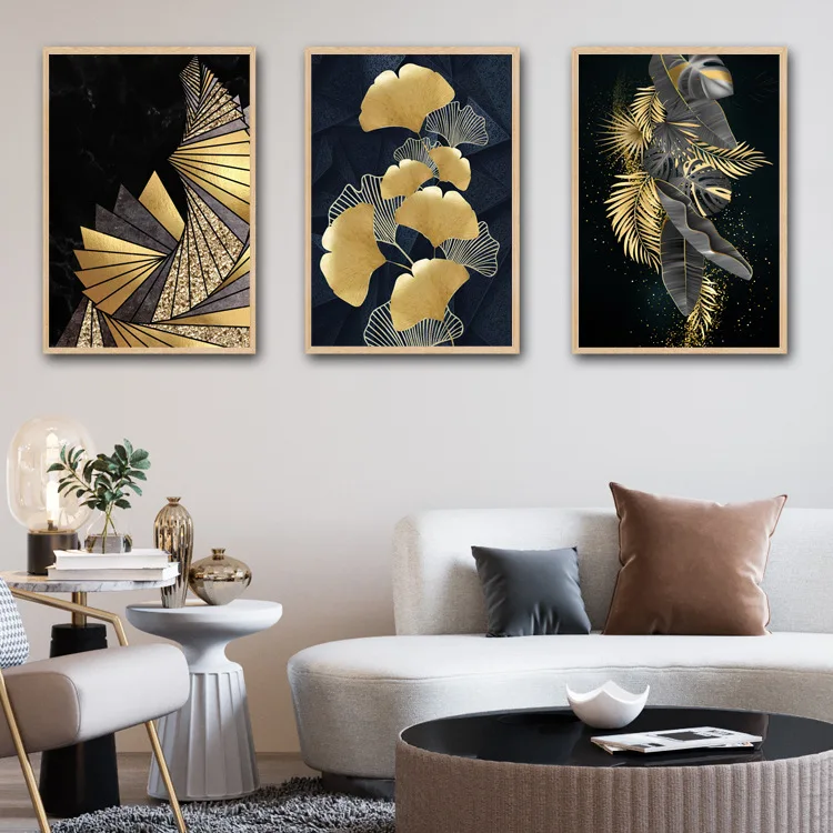 New triptych black gold ginkgo biloba leaf living room bedroom entrance decorative canvas painting