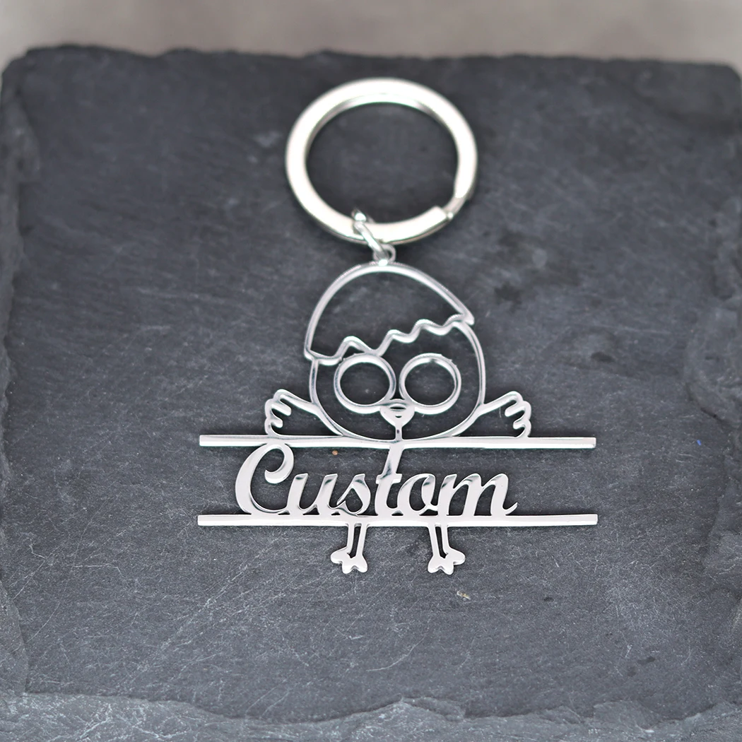 Stainless Steel Animal Chick Engrave Name Customized Keychain Men Keyring Pendant Keyring Cartoon Jewelry Gift For Women