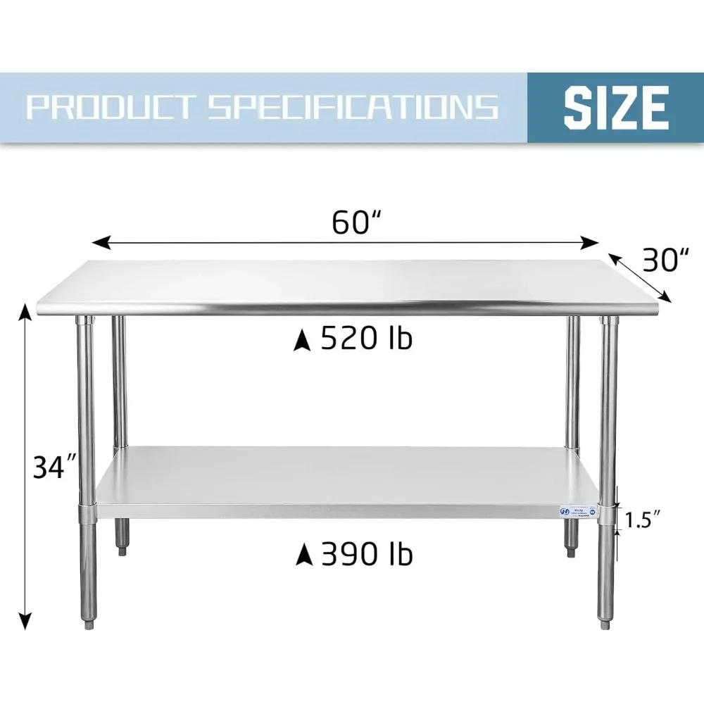 Steel Table for Prep & Work 30 x 60 Inches, NSF Commercial Heavy Duty Table with Undershelf and Galvanized Legs for Restaurant