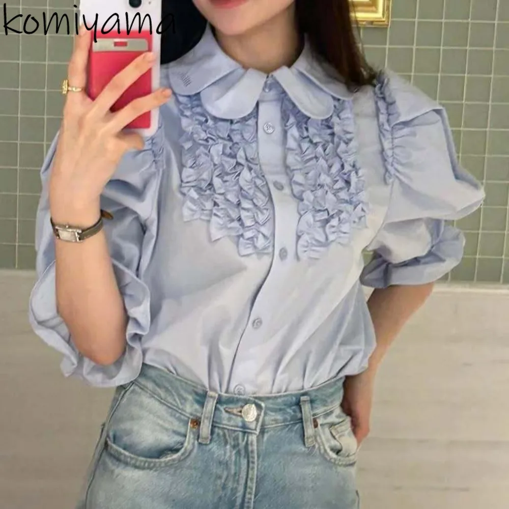 

Japan 3d Pleated Blusas Mujer Lantern Sleeve Shirts & Blouses 2025 Woman Clothing Single Breasted Camisas Laple Neck Tops