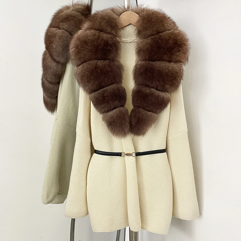 Real Fox Fur Jacket Women's Sweater Oversize Sweater Women's Knitted Jacket with Natural Fur Female Knit Coat Clothing Outerwear