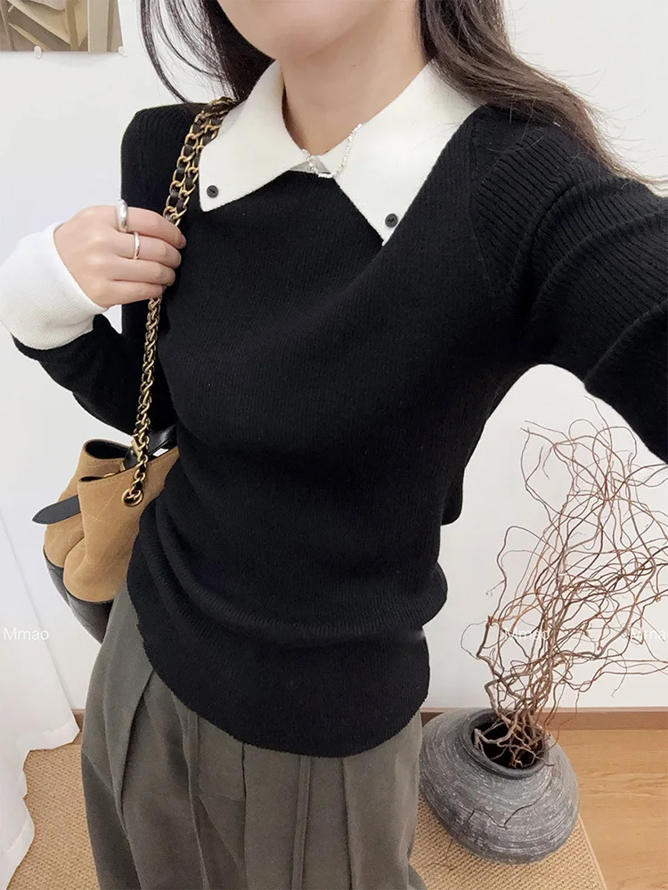 Color-Block Polo Collar Knitted Sweater For Women Autumn Winter Slim Inner Layer Knitwear