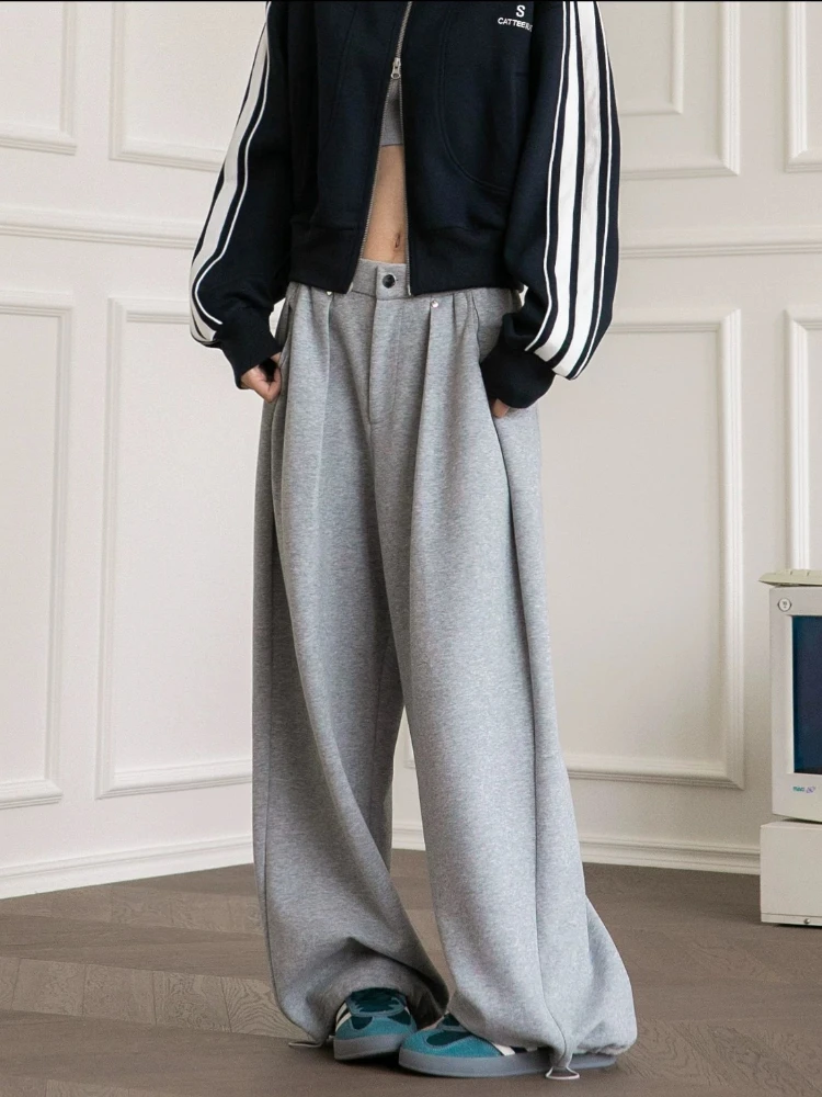 HOUZHOU Vintage Baggy Sweatpants Women Autumn 2024 New Y2k Korean Loose Wide Leg Pants Zipper Fly Casual Sports Pants Streetwear