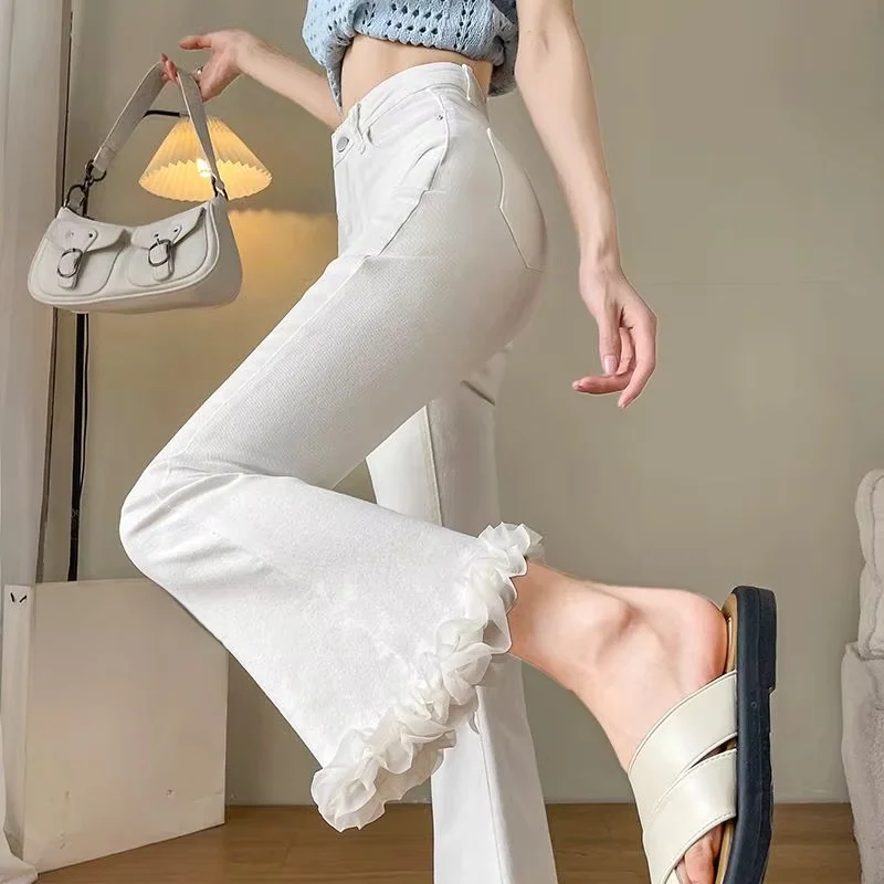 White Lace Spliced Trousers with Slightly Flared Imitation Jeans Women Autumn American Retro Small 8/9-point Flared Trousers