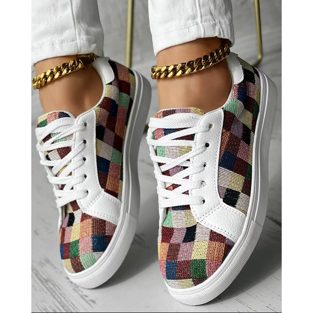 New In Colorblock Plaid Print Lace-up Sneakers Women Spring Autumn Round Toe Sports Running Shoes Femme Going Out Korean Style
