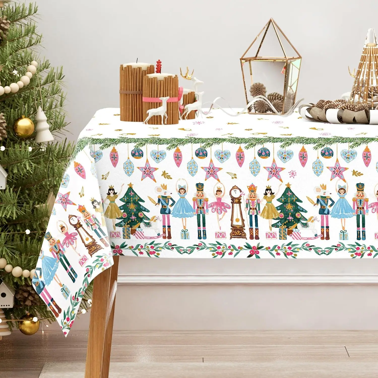 Christmas Nutcracker Xmas Tree Ball Waterproof Tablecloth Table Decor Winter Xmas Kitchen Dining Tablecloth Christmas Decoration