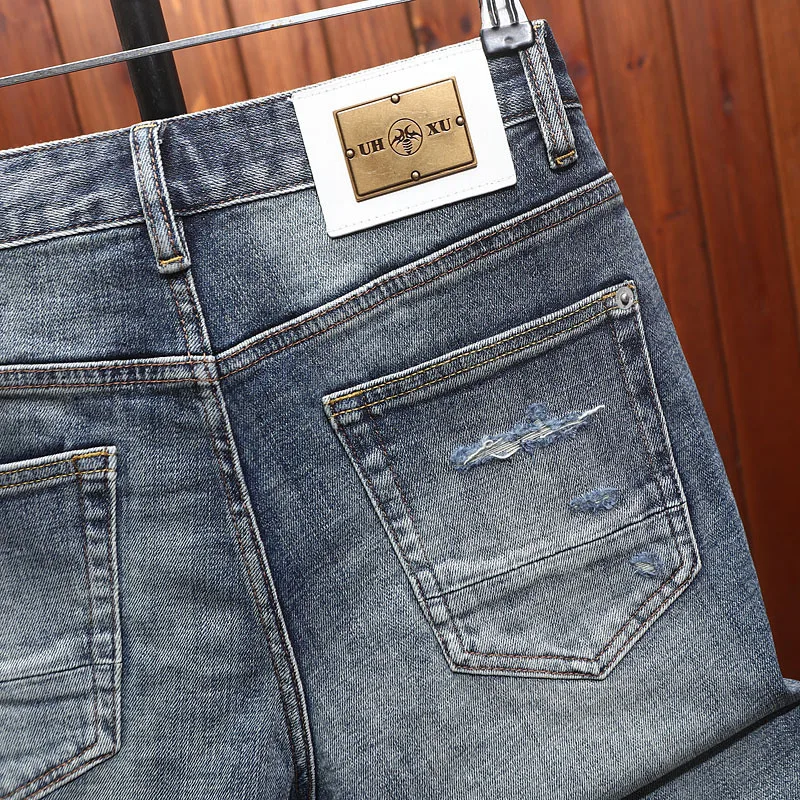 Summer denim shorts, men's ripped patches, scraped retro street trend, fashionable and nostalgic five quarter pants