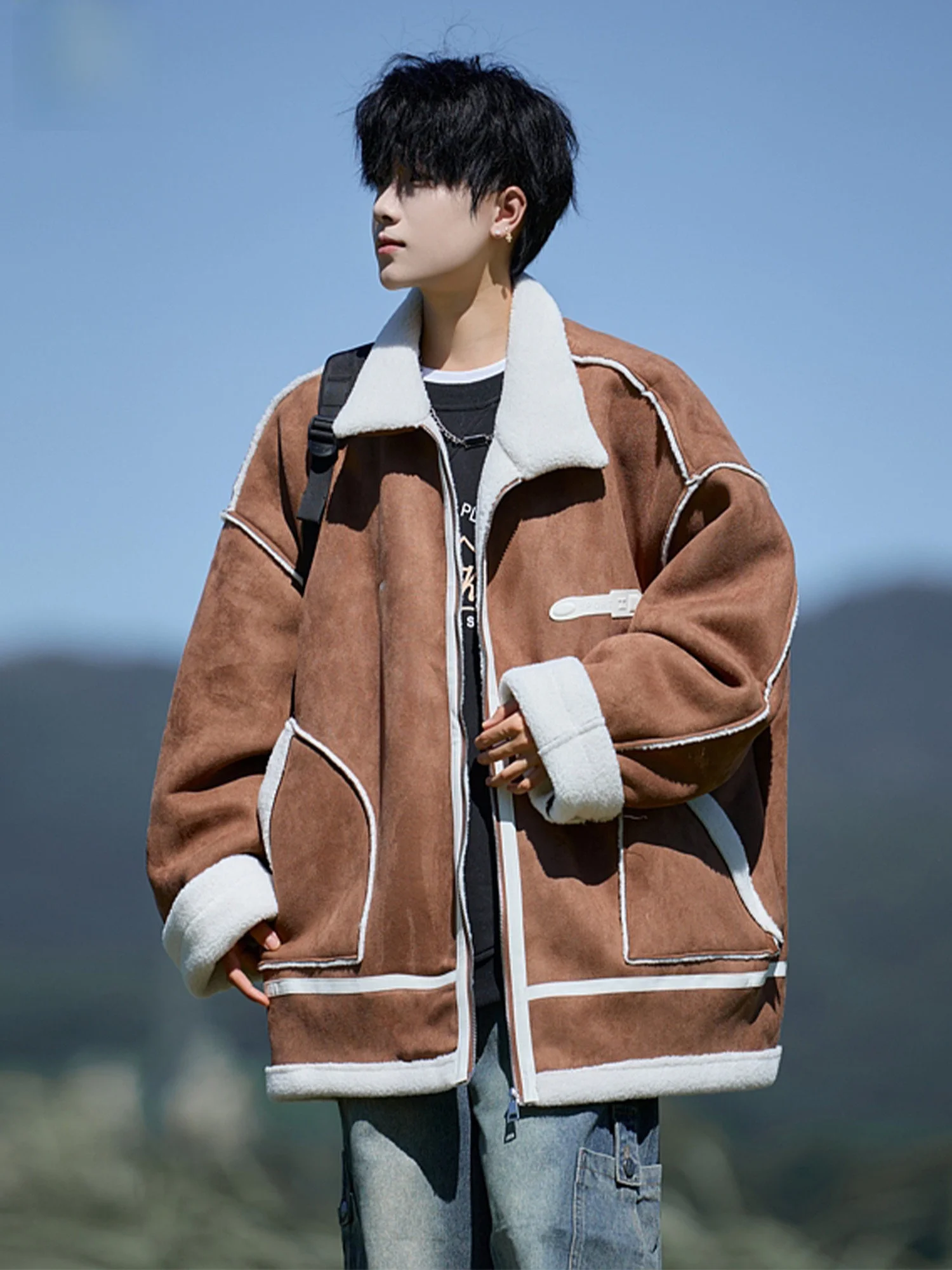 

PangPangGe American Sle Thiened Warm Cotton Jaet Men Winter Loose Large Size Design Sense Suede Velvet Outerwear