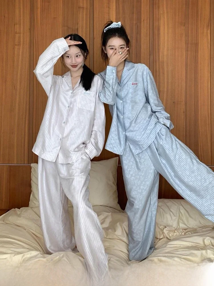 韓国スタイルカジュアルストライプパジャマ女性の春秋長袖ルーズパンツホーム服カップルセットシンプルなデザイン 1
