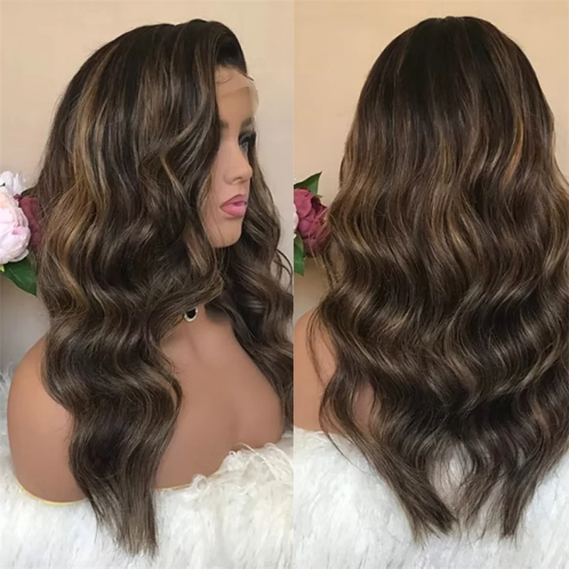 

Женский парик с фронтальной шнуровкой, омбре, темно-коричневый с мелированием, высококачественный синтетический термостойкий парик для вечеринок, повседневной носки и косплея