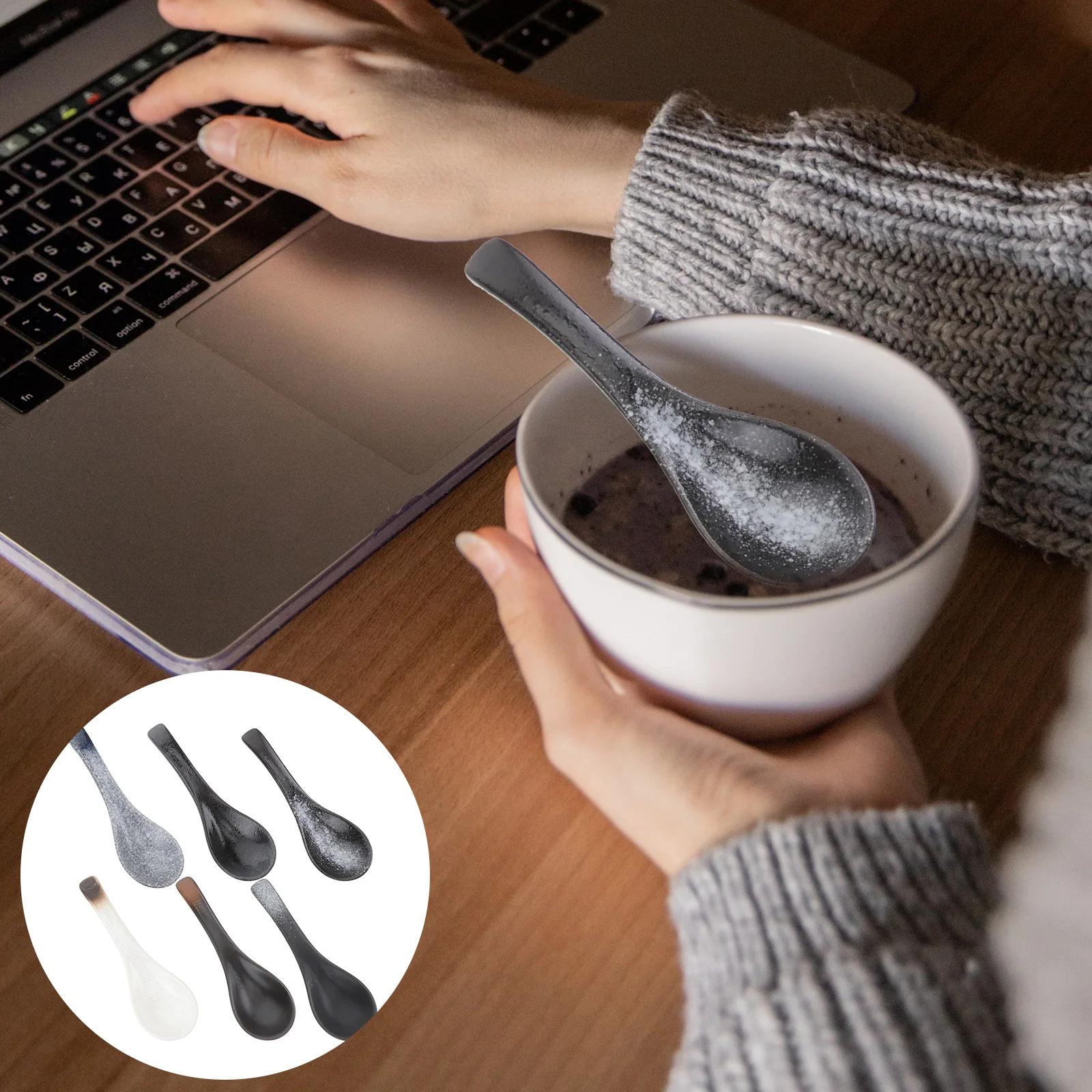 

6Pcs Ceramic Spoons Japanese Style Fine Craftsmanship Smooth Finish Comfortable Curved Handle Multi Purpose Kitchen Tableware