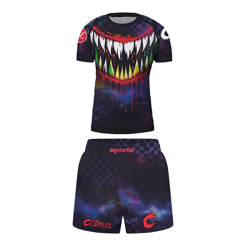 Cody Lundin All Season Boys MMA BJJ Muay Thai Rashguard Outfit Monster Print Quick Dry Compression Top Shorts Training Jersey