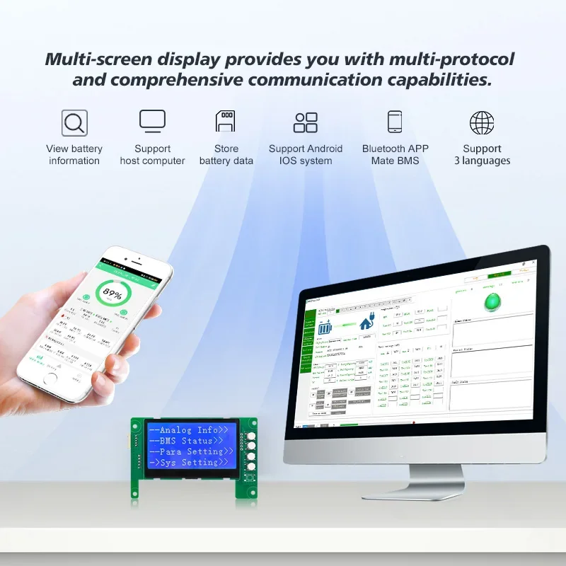 TDT 16S 200A 48V Lifepo4 lithium battery protection board LFP Cell Balance Integrated Circuits smart LCD RS485 CAN inverters BMS