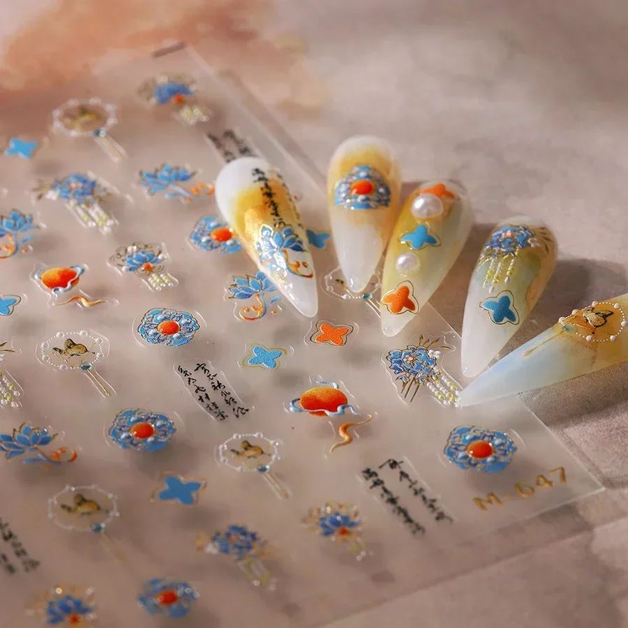 Goldprägung Blume Vintage Blumenmuster Totem chinesischen Stil 5D Retro Nail Art Aufkleber geprägt selbstklebend Maniküre Aufkleber