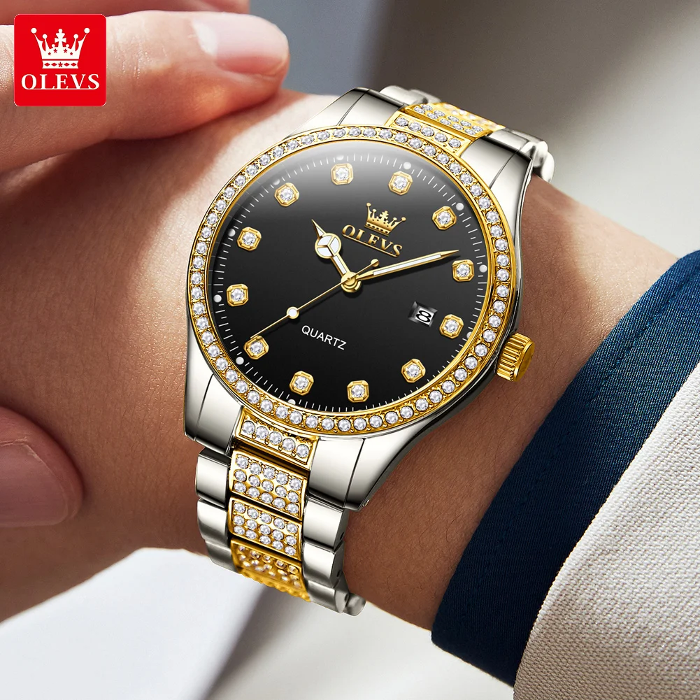 

OLEVS 9905, мужские часы, оригинальные брендовые кварцевые часы, водонепроницаемые светящиеся часы из нержавеющей стали с бриллиантами и датой для мужчин, Reloj