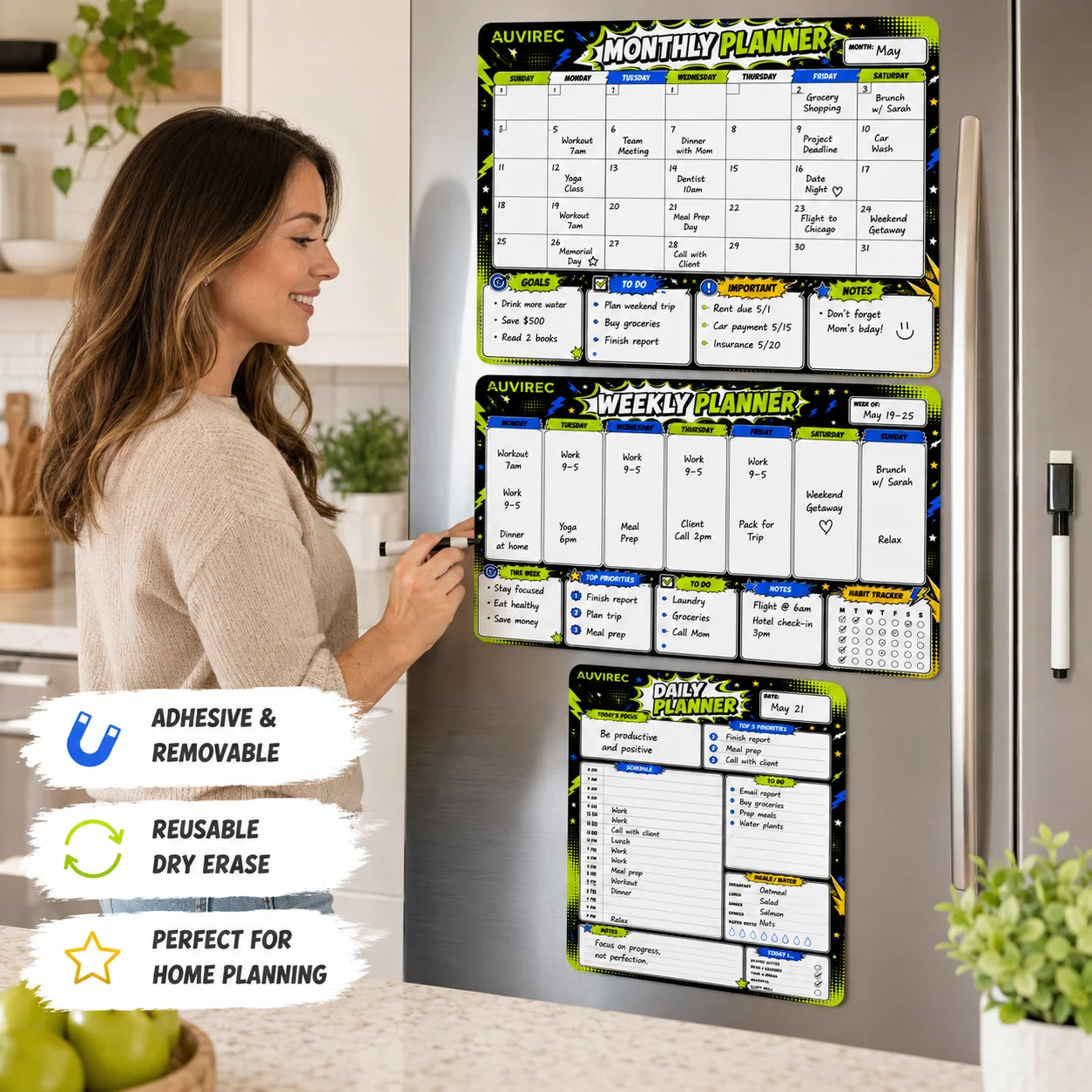 

AUVIREC 3-Piece Adhesive Dry Erase Planner Set, Black Lime Monthly Weekly Daily Office Calendar with Magnetic Marker