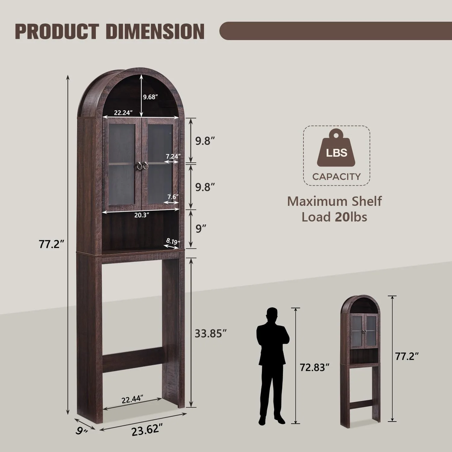 Arched Over The Toilet Storage Cabinet with Acrylic Doors,Dark Walnut