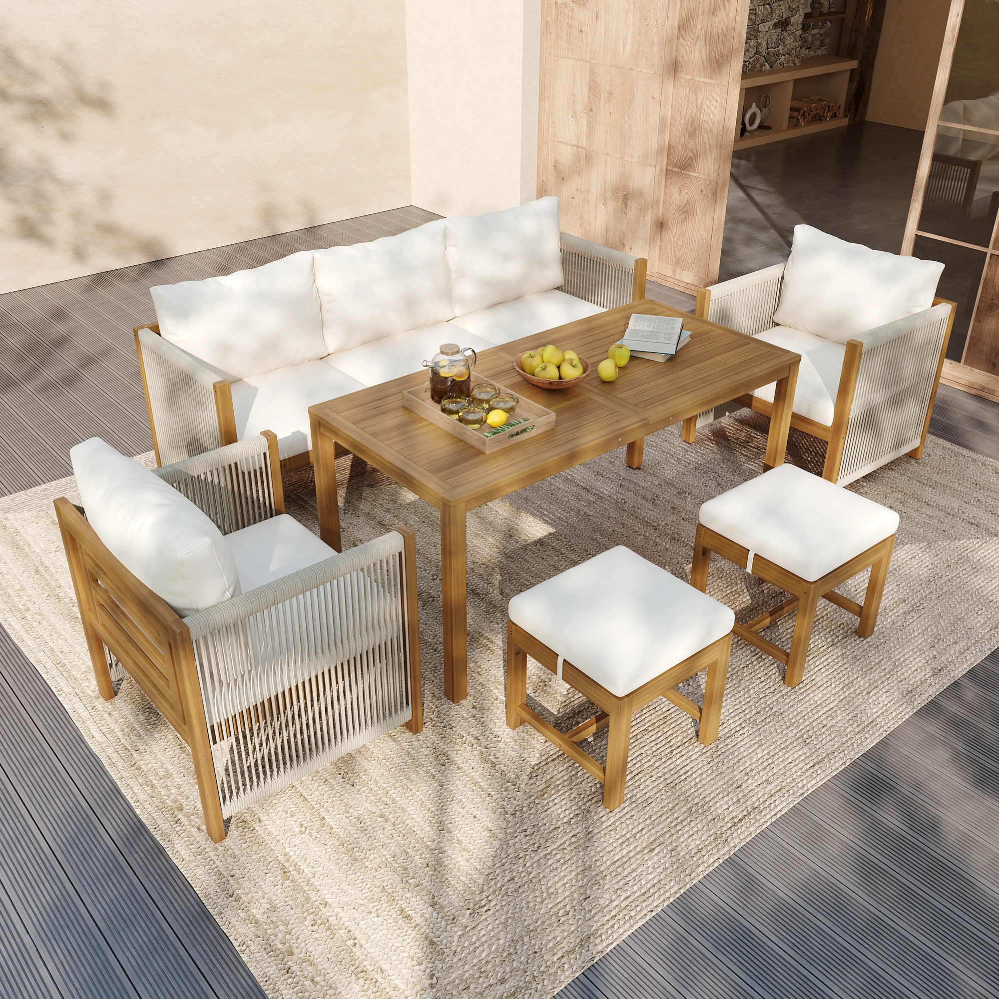 Rolipo Salon de Jardin 6 Pièces en Bois d'Acacia avec Canapé, Fauteuils, Poufs et Table à Manger, Beige