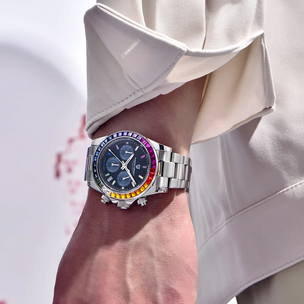 Neue PAGANI DESIGN 1664A Rainbow Lünette Herren Quarz Edelstahl 100M wasserdichte Herrenuhr VK63 Saphir Chronograph
