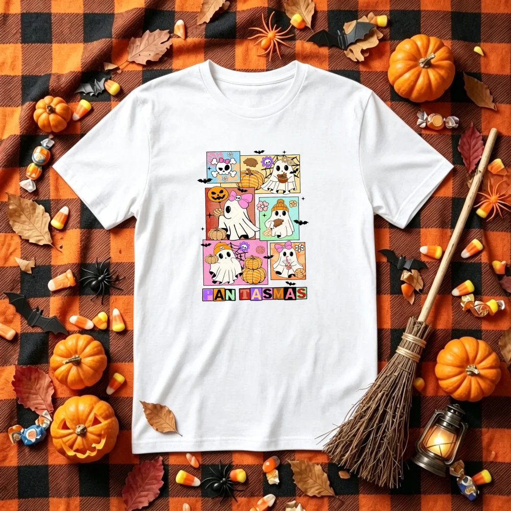 Cute Fantasmas Ghost Collage Halloween Graphic T‑Shirt Colorful Cartoon Ghost Pumpkin Bow Patchwork Print Crew Neck Casual Tees