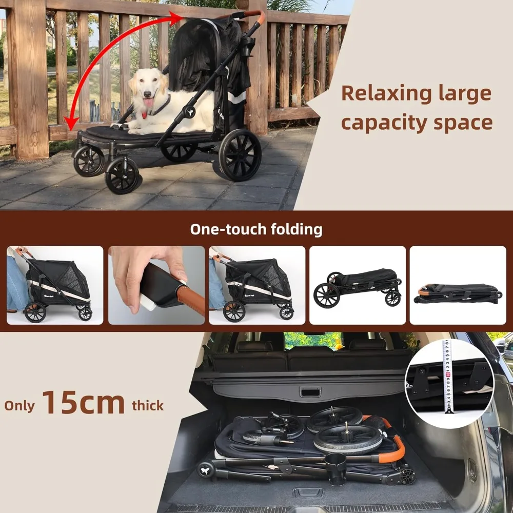 One-Click Folding 4 Wheel Foldable Dog Stroller for 2 Dogs with Storage Pocket Suitable for Pets Up