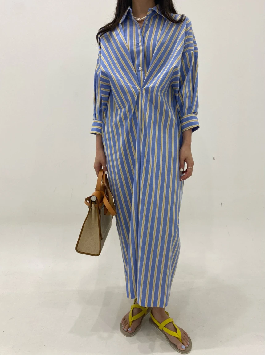 Chic Fashion French Spring Blue Hit Color Striped Shirt Dress New 2024 Designer Women Lapel Single Breasted Long Loose Clothes