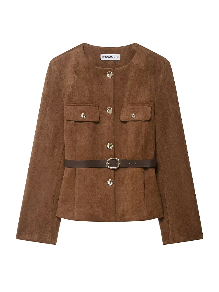 HH امرأة وهمية جيب حزام واحدة الصدر تزيين الشارع جاكيتات الخريف المرأة موضة س الرقبة طويلة الأكمام معطف قصير 3 ألوان