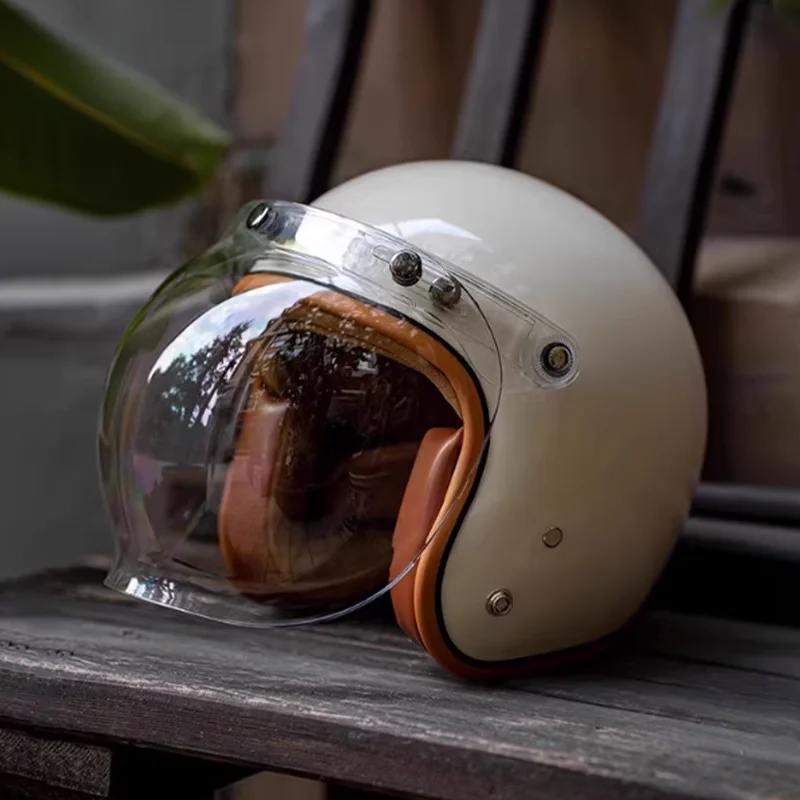 

Vintage Gloss White Motorcycle Helmet Small Helmet Body Electric Bike Three-Quarters Helmet with Bubble Visor helmet All Seasons