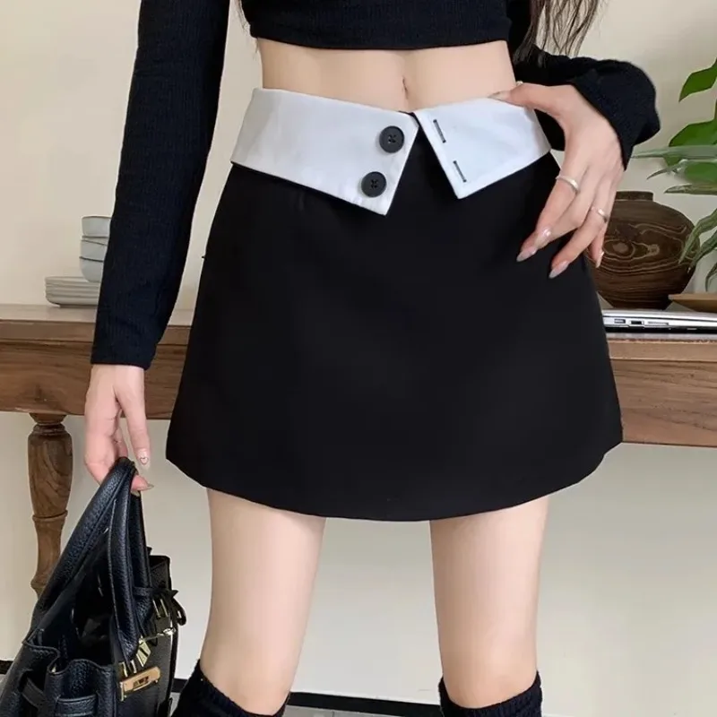 Women's Korean Style High Waist A-line Mini Skirt Color Block Turn-down Waistband Skort Casual Slim Fit Skirt