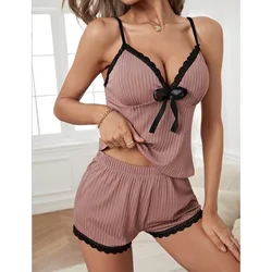 Summer Ladies Pajamas Set New Sexy Suspenders Shorts Pajamas Homewear Deep V Lace Ladies Casual Sexy Pajamas Homewear Set