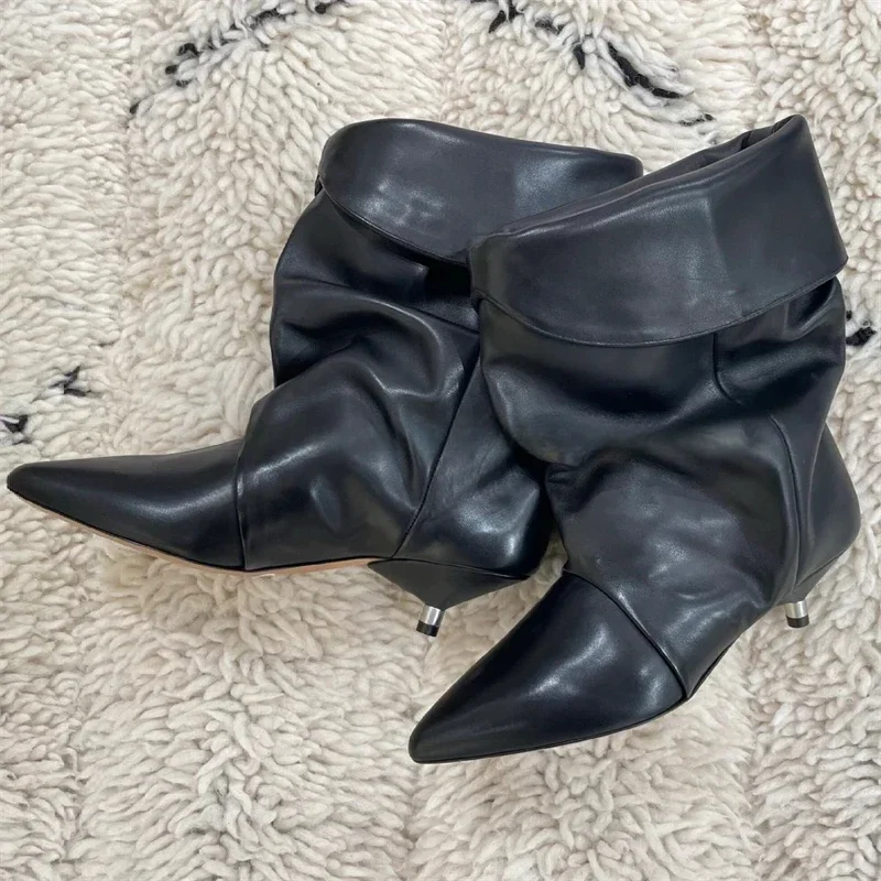 

Aneikeh Designer Wrinkle Ankle Boots Women Pointed Toe Low Heels Short Booties Turned-over Edge Winter Autumn Ladies Shoes