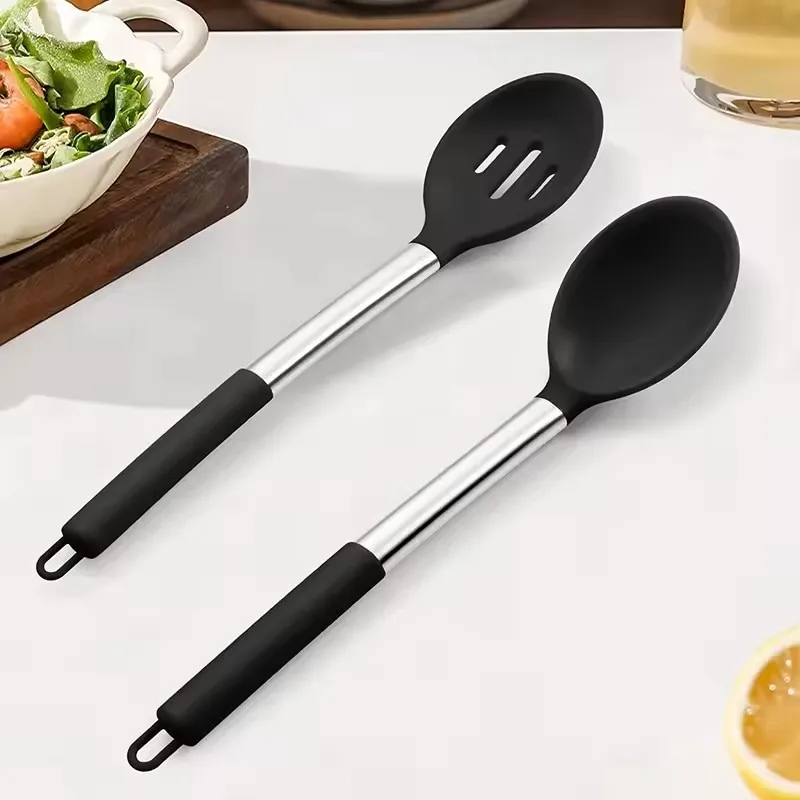 

Silicone Cooking Spoons Kit with Stainless Steel Handle Salad Mixing Spoon Set Nonstick Cooking Tools Kitchen Utensils