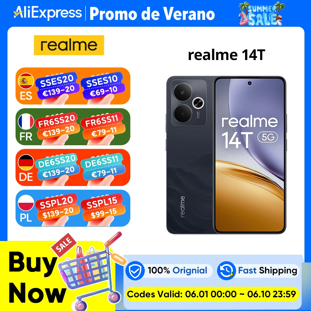 Version mondiale realme 14T 5G Smartphone MediaTek Dimensity 6300 Chipset 6000mAh Titan batterie IP69 résistance à l'eau de haut niveau