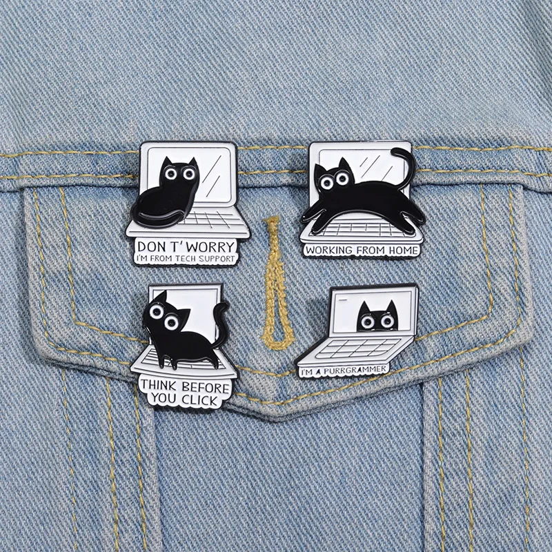 Punk Creative Black Kitten Enamel Pins Cartoon Cat Loves Work Brooch Custom Denim Lapel Badge Backpack Funny Animal Jewelry Gift