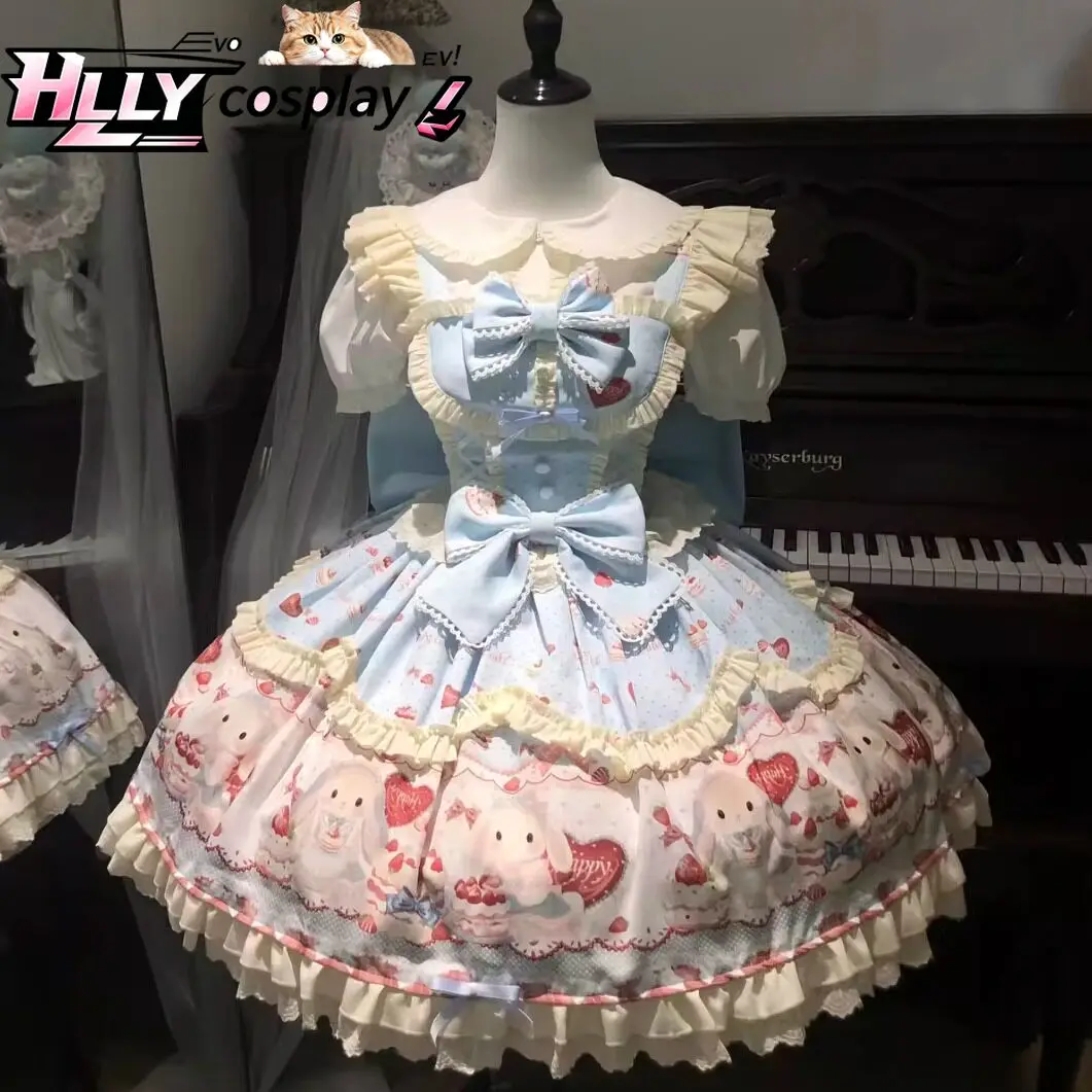 

Sweet Lolita Pastel Dress with Cute Rabbit Print Tiered Cake Skirt Big Bow Ruffled Sleeves for Halloween Cosplay Party Costume