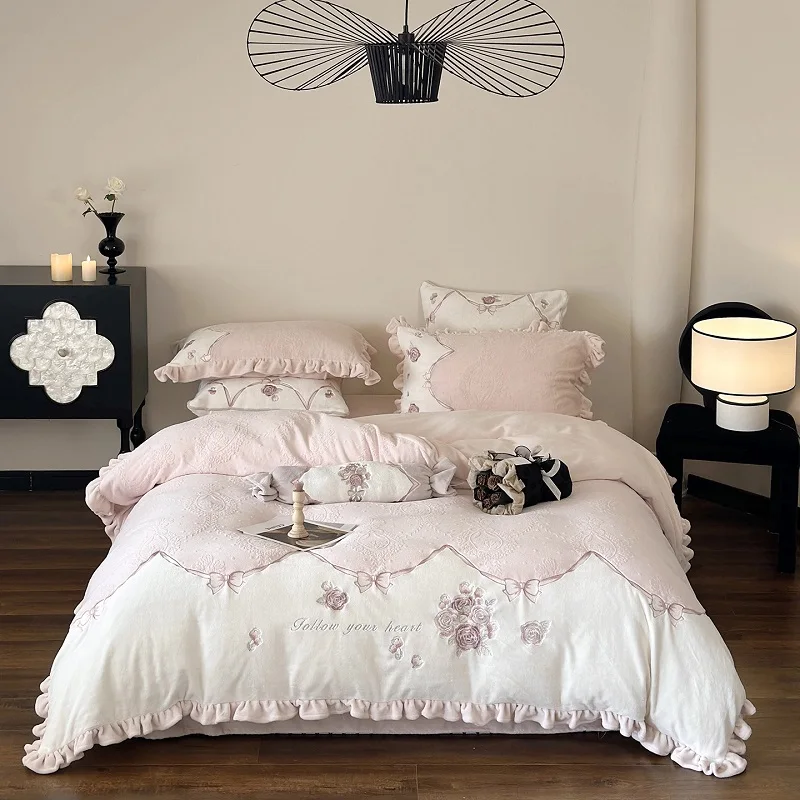 Winter Thick Warm Carved Velvet Rose Flowers Embroidery Ruffles Bedding Set Duvet Cover Flat/Fitted Bed Sheet Pillowcases 4Pcs