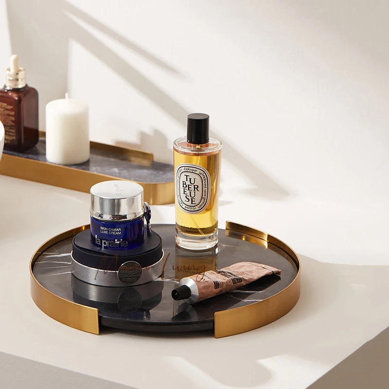 

Scandinavian Decorative Natural Marble Tray for Bathroom Luxury Golden Metal Pallet Cosmetics Storage Rack Bathroom Accessories