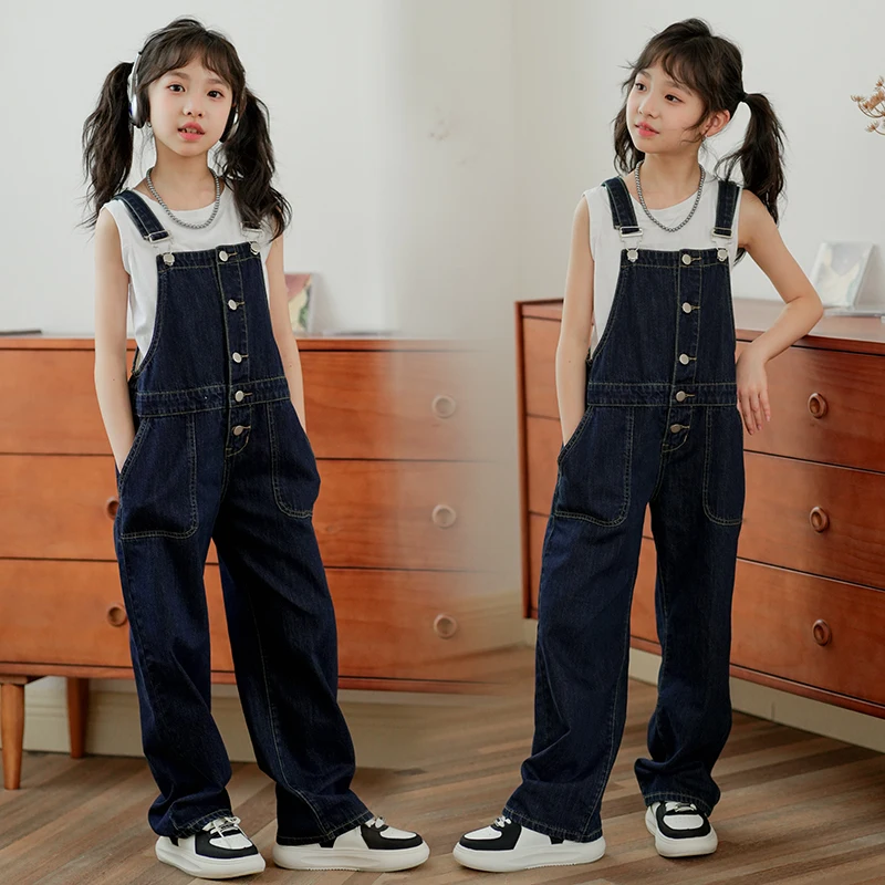 Girls Suit Casual Sports Old Retro Spring & Fall Denim Overalls Suspenders Pants Vest T-Shirt for Middle and Older Children