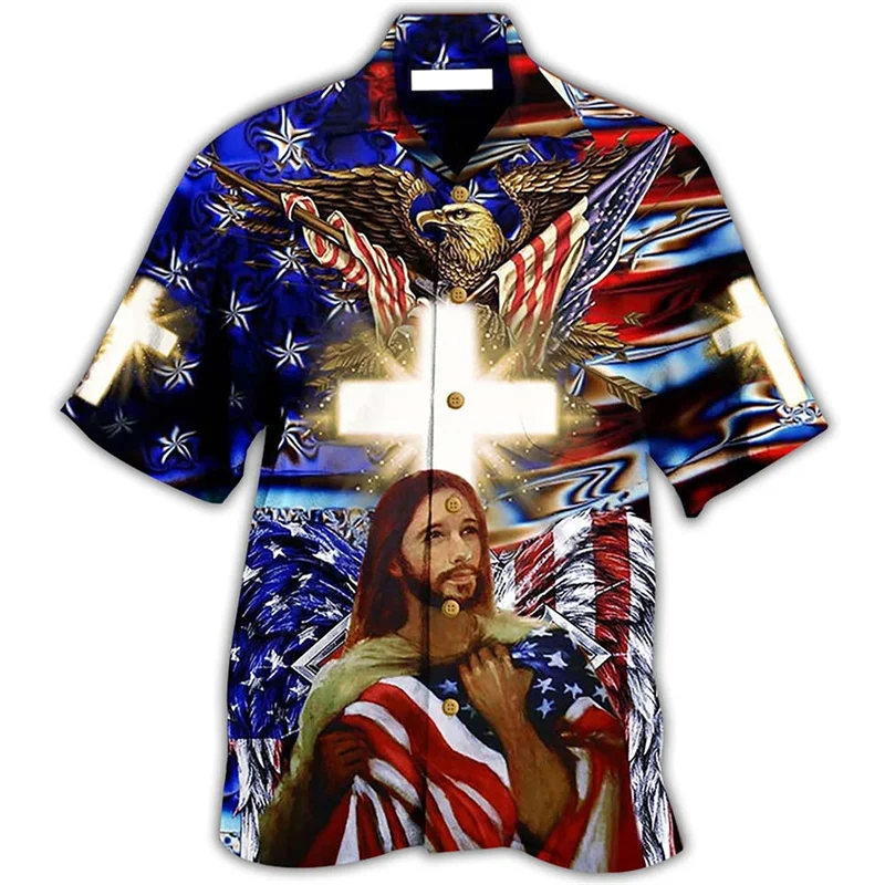 Vintage Jesus Hawaiian Shirt For Men 3D Printed Christianity Button Down Beach Shirts Tops Summer Mens Short Sleeves Blouse Tees