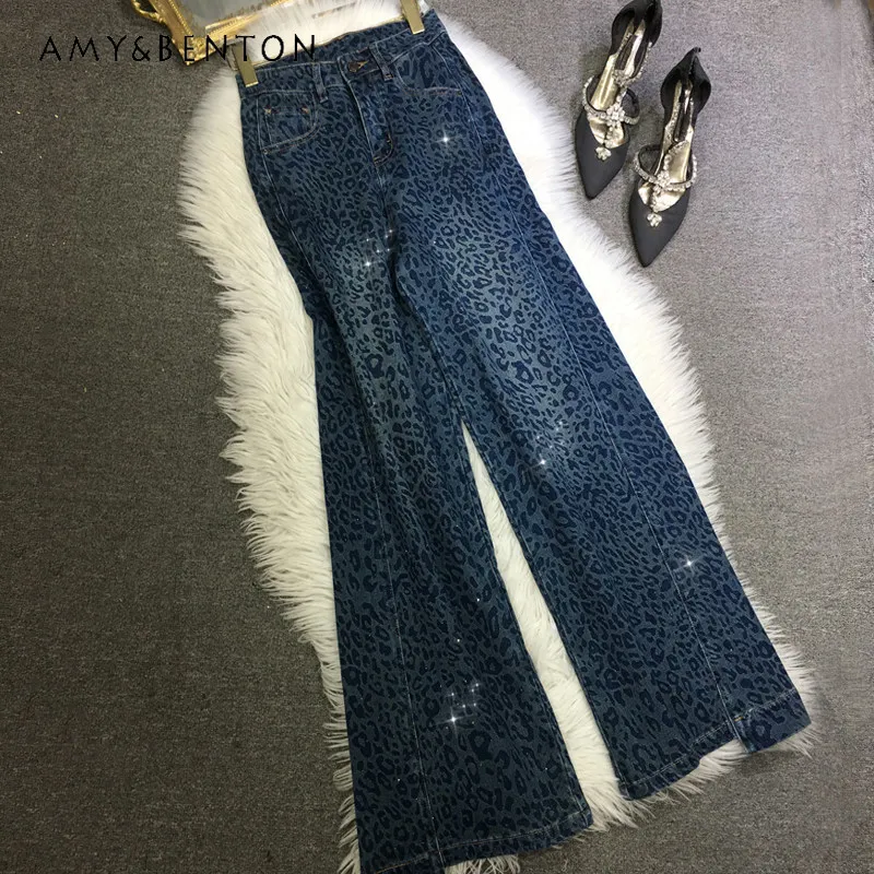 

Y2k Rhinestone Jeans Leopard Print Slim Fit Straight Denim Pants Mid-High Waist Slimming Versatile Irregular Long Trousers Women