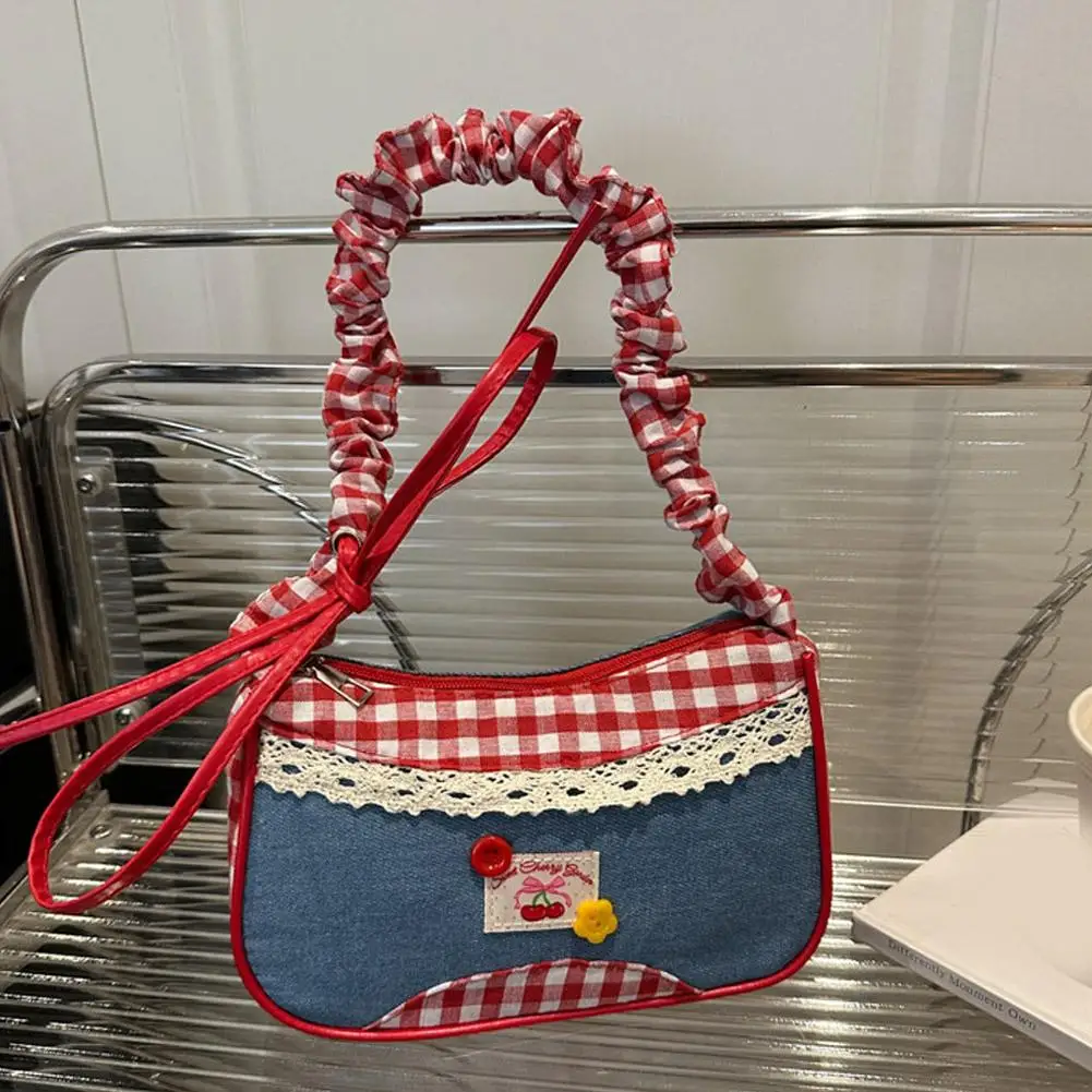 

2025 Фирменная новинка, винтажная решетчатая сумка на плечо в сельском стиле, клетчатая джинсовая сумка для отдыха, сумка через плечо с бантом на шнурке, студенческая сумка