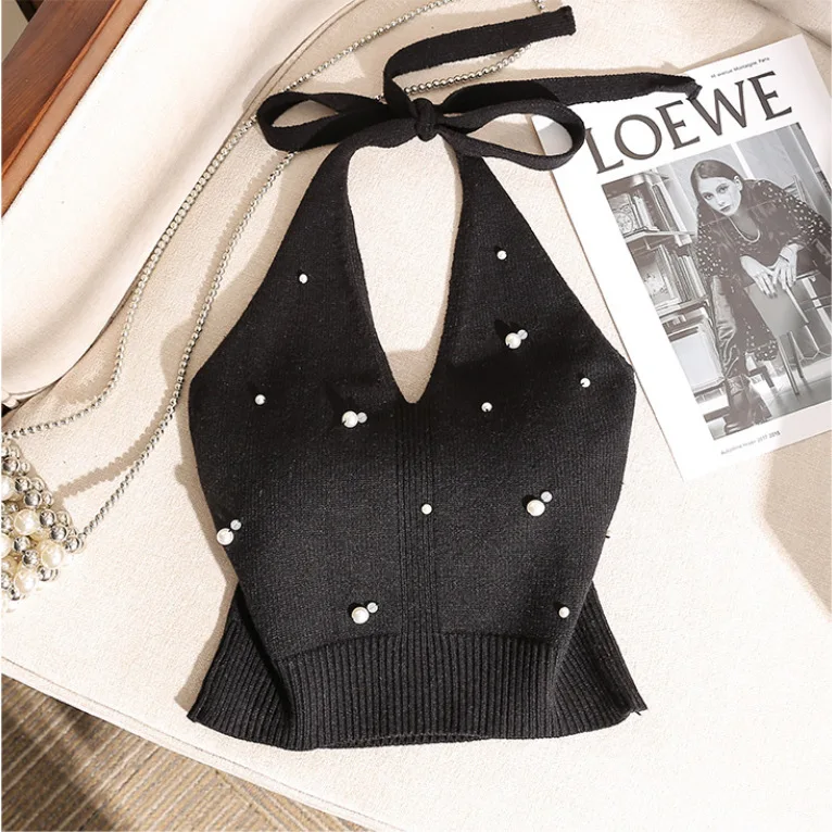 Hanging Neck Camisole Vest for Women 2024 Summer New Style Suitable for Hot Slim Fit Off The Shoulder Wearing A Knitted Top