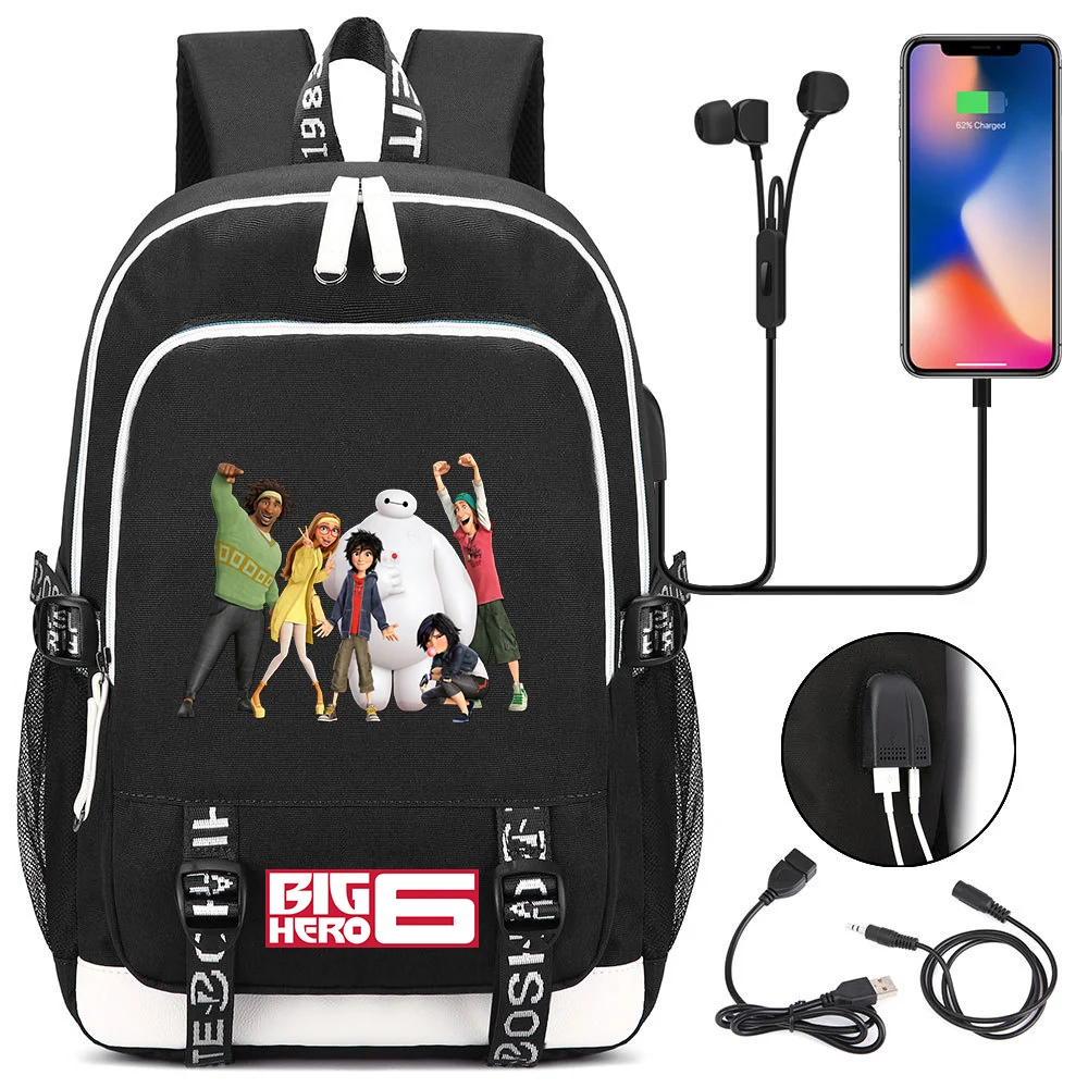 MINISO  Big Hero 6 Baymax Laptop Backpacks Student USB Charging Backpack Famale Colorful Print Rucksack Travel Bag Mochila