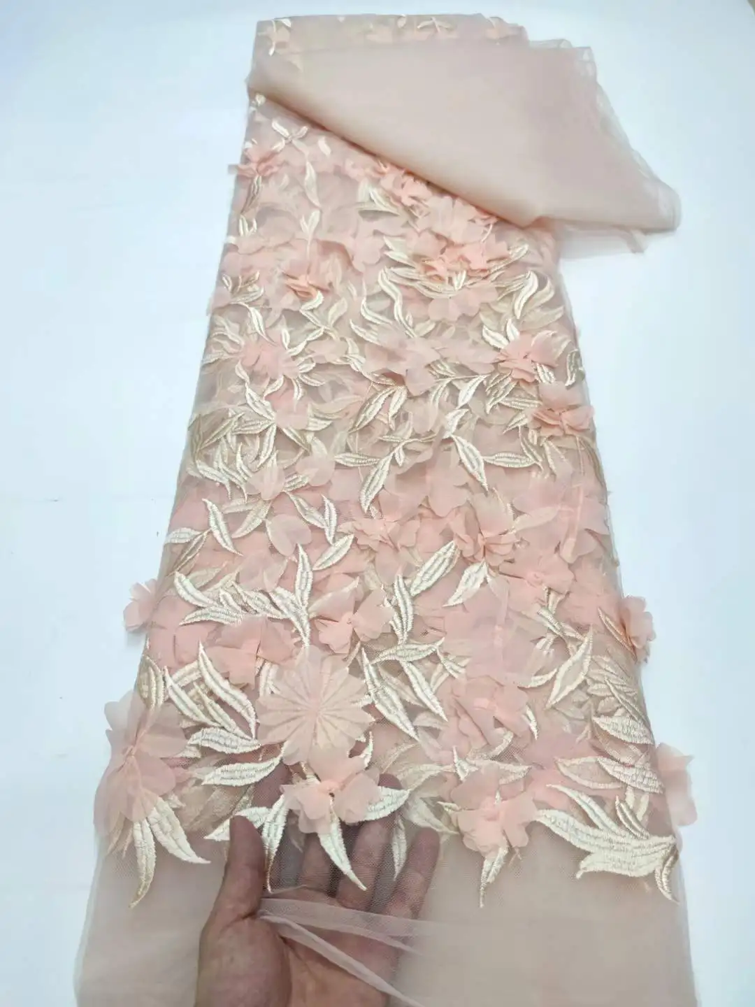 

3D Flowers Pink French Lace Fabric 2024 High Quality Lace Net African Lace Fabric With Flowers Lace Fabrics For Wedding YY25KM