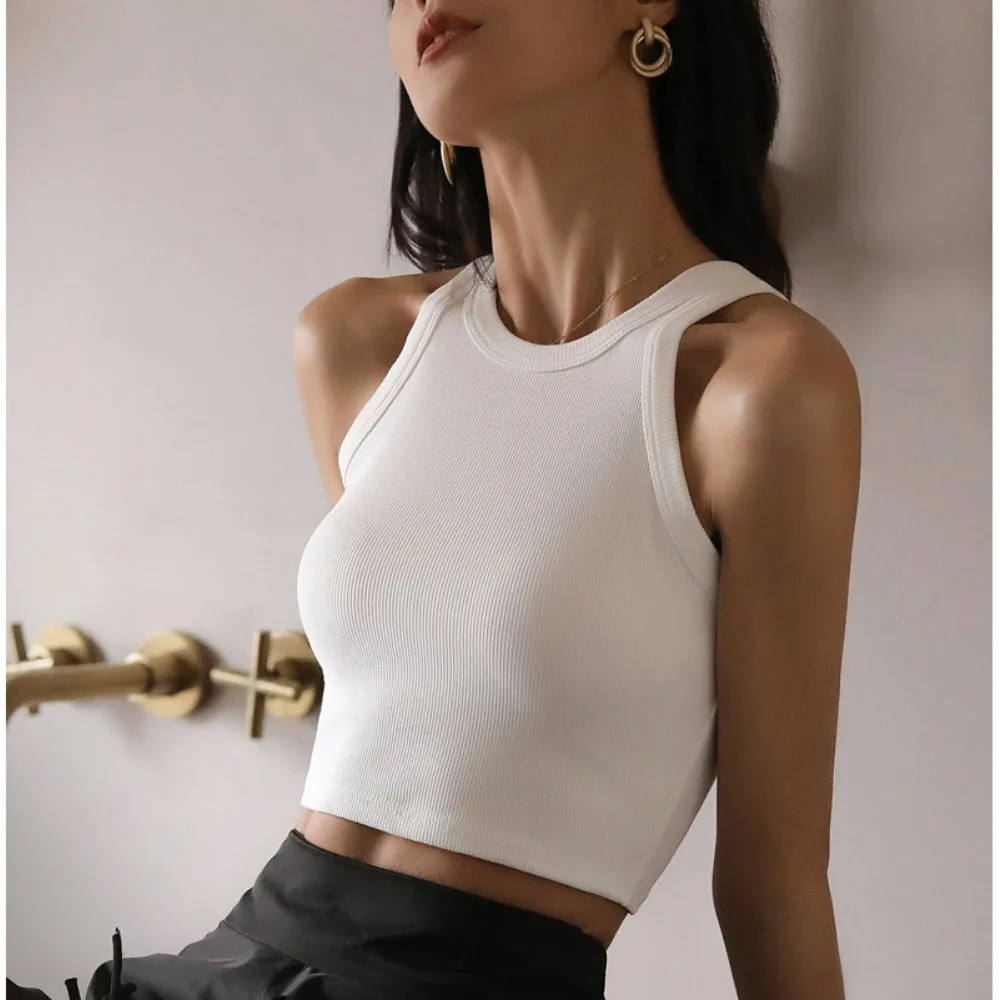 Casual Woman Tops Neck Summer Basic Shirts White Black Sports Yoga Crop Top Outdoor Vest Off Shoulder Female Sexy Tank Top Women image 2