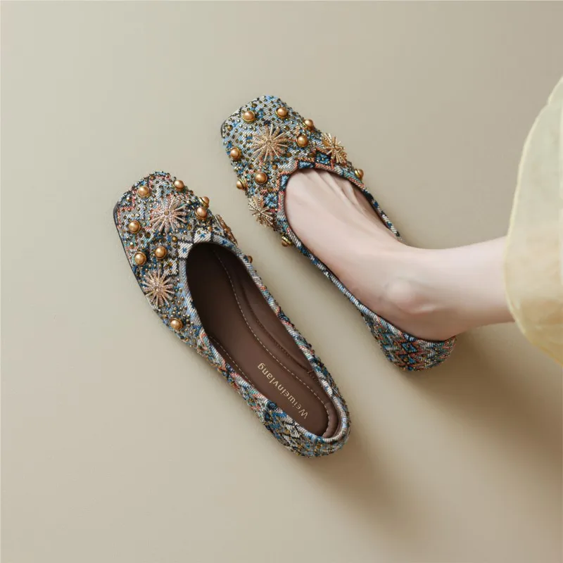 Traditional Chinese retro square-toe flat shoes for women, summer rhinestone ethnic style low-cut round-toe shoes