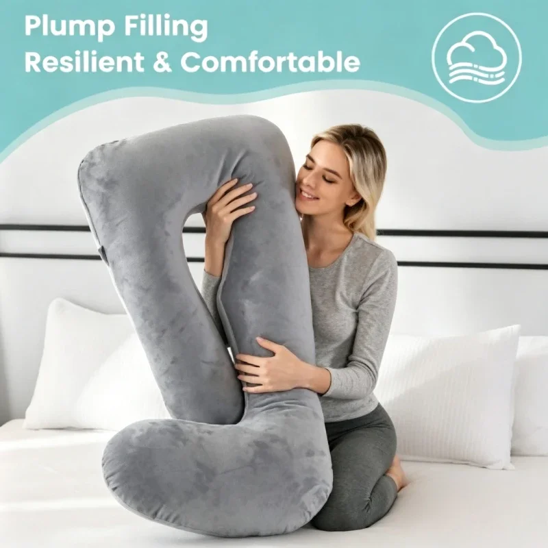 Soft Velvet J-Shaped Full Body Maternity Pillow Pregnant Women Back Leg Tummy Support Comfort Sleeping Pillow Festival Present