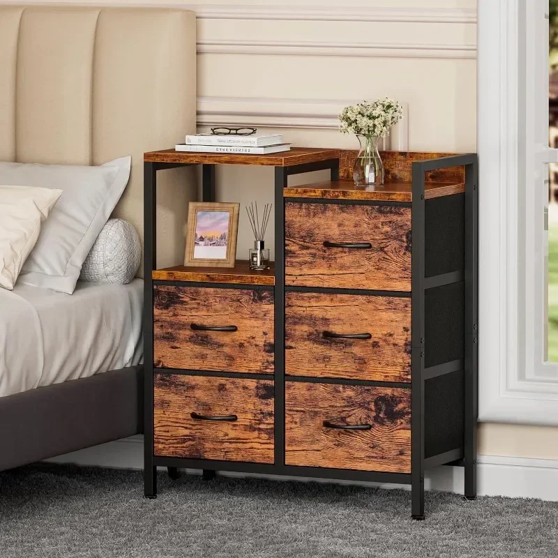 

-Dresser For Bedroom With 5 Fabric Drawers,Small Chest Organizer Unit With 2-Tier Storage Shelf For Bedside,Closet