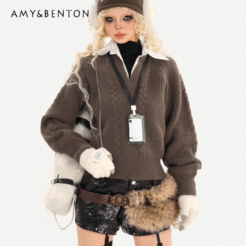 

American Retro College Casual Fake 2-Piece Turn-Down Collar Women's Knitted Sweater Autumn Winter Thickened V-Neck Pullover Girl