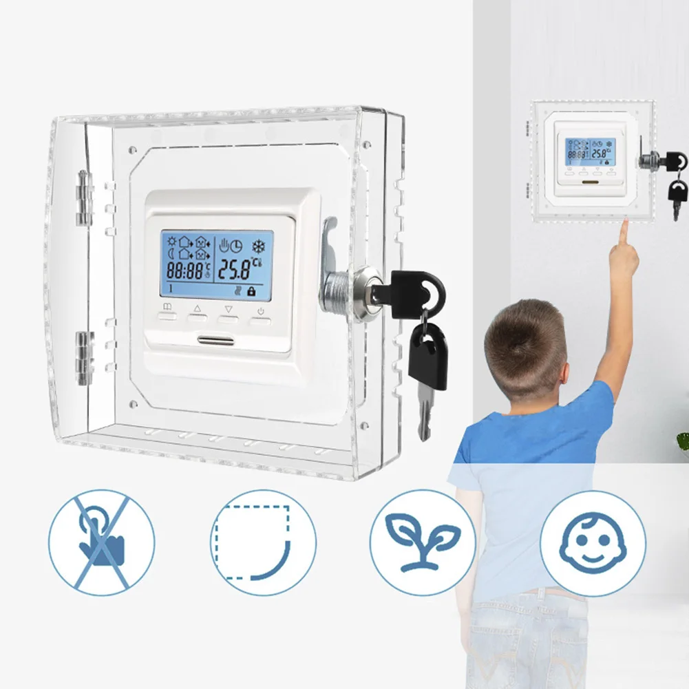 1set Wall Mount Thermostat Lock Box For Acrylic Transparent Thermostat Lockable Cover With 2 Keys And Installation Screws